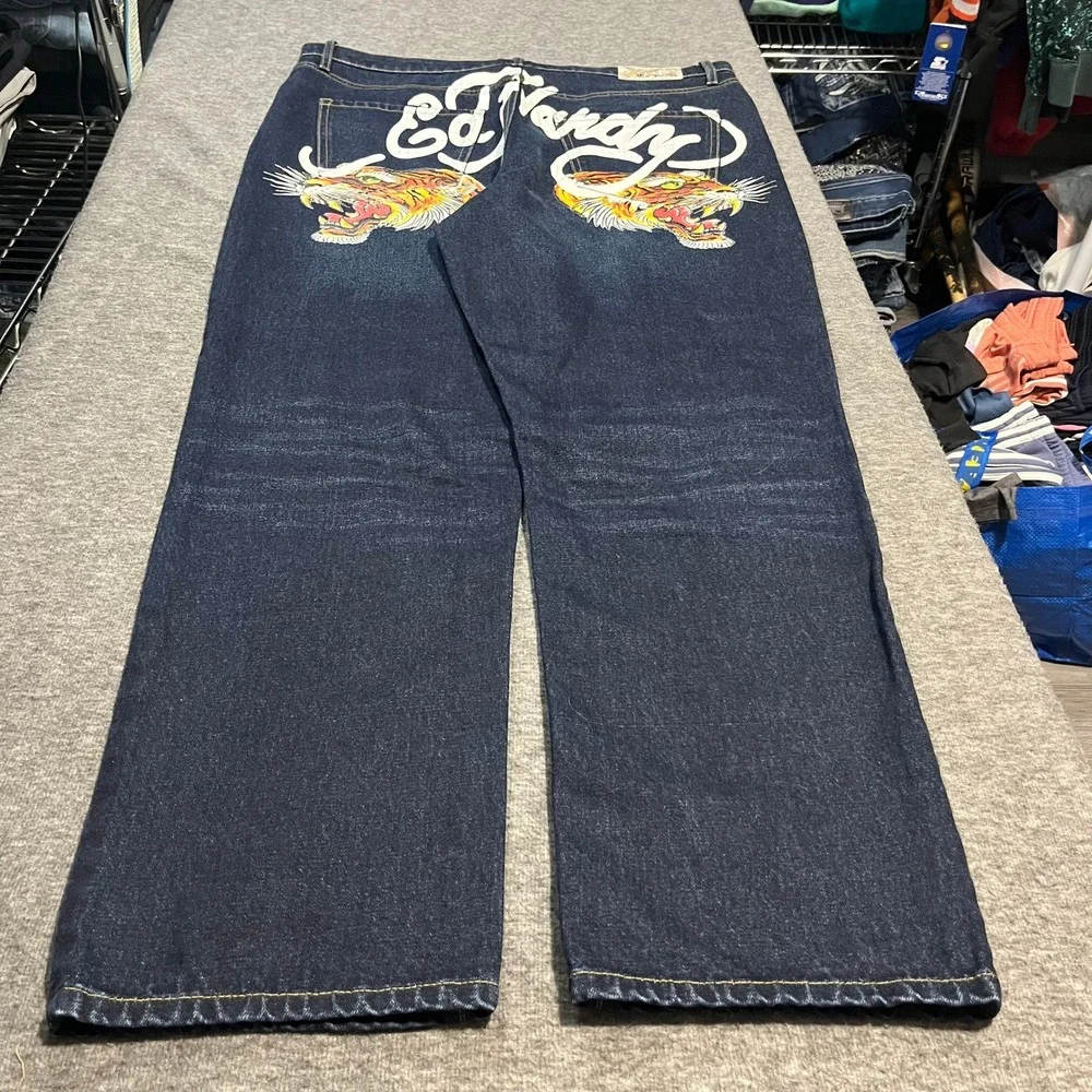 Ed Hardy Mens Tiger Graphic Jeans 38x32 Dark Wash Christian Audigier MEHD8302-1